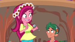 Size: 1100x618 | Tagged: safe, edit, edited screencap, screencap, gloriosa daisy, timber spruce, equestria girls, g4, my little pony equestria girls: legend of everfree, amazon, flower, flower in hair, microphone, size difference