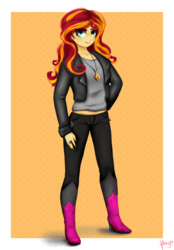 Size: 1250x1800 | Tagged: safe, artist:cosmicponye, sunset shimmer, equestria girls, g4, belly button, boots, clothes, female, high heel boots, jacket, leather jacket, looking at you, midriff, necklace, new outfit, pants, pendant, signature, solo