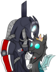 Size: 1736x2236 | Tagged: safe, artist:squipycheetah, thorax, changeling, g4, crossover, crown, cute, dog tags, duo, fangs, geth, happy, jewelry, legion, looking down, looking up, mass effect, n7, peace symbol, regalia, simple background, smiling, surprised, transparent background, transparent wings