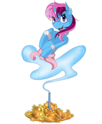 Size: 2086x2522 | Tagged: safe, artist:beardie, oc, oc only, oc:parcly taxel, alicorn, genie, genie pony, pony, albumin flask, armband, art trade, belly button, bottle, bracelet, collar, ear piercing, earring, gem, gold, high res, horn, horn ring, jewelry, mist, piercing, raised hoof, sapphire, solo, waistband