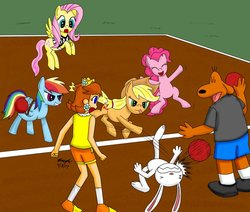 Size: 971x823 | Tagged: safe, artist:pheeph, applejack, fluttershy, pinkie pie, rainbow dash, g4, apple daisy, clothes, crown, dodgeball, ear piercing, earring, jewelry, piercing, princess daisy, referee, regalia, sam and max, shorts, sports, sports outfit, sports shorts, sporty style, super mario bros., whistle, whistle necklace