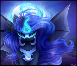 Size: 3133x2694 | Tagged: safe, artist:cloud-drawings, nightmare moon, alicorn, bat pony, bat pony alicorn, pony, g4, alternate design, bat wings, female, glare, glowing horn, high res, horn, looking at you, mare, night, solo, spread wings, wings