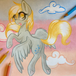 Size: 2893x2874 | Tagged: safe, artist:emberslament, derpy hooves, pegasus, pony, g4, butt, colored pencil drawing, colored pencils, female, flying, high res, mare, pencil, photo, plot, solo, traditional art