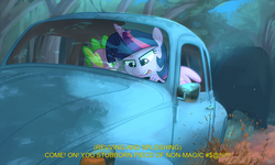 Size: 1200x720 | Tagged: safe, artist:1trick, spike, twilight sparkle, alicorn, dragon, anthro, g4, car, censored vulgarity, chase, driving, fingers, grawlixes, looking back, monster, subtitles, twilight being an angry driver, twilight sparkle (alicorn), volkswagen, volkswagen beetle
