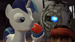 Size: 1920x1080 | Tagged: artist needed, safe, shining armor, pony, unicorn, g4, 3d, apple, cute, food, personality core, portal (valve), shining adorable, source filmmaker, wheatley