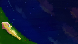 Size: 1920x1080 | Tagged: safe, artist:pinkieeighttwo, fluttershy, firefly (insect), g4, female, grass, looking away, looking up, lying down, night, on back, perspective, profile, solo, stargazing, starry night, vertigo