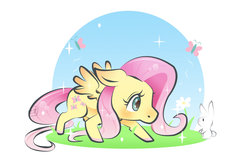 Size: 1600x1021 | Tagged: safe, artist:pokori, fluttershy, rabbit, g4, colored hooves, female, floppy ears, looking at something, solo, sparkles, spread wings, wings