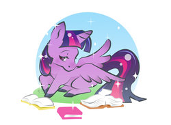 Size: 1600x1171 | Tagged: safe, artist:pokori, twilight sparkle, alicorn, pony, g4, book, colored hooves, cute, female, lidded eyes, looking at you, looking sideways, looking up, solo, sparkles, spread wings, turned head, twiabetes, twilight sparkle (alicorn), wings