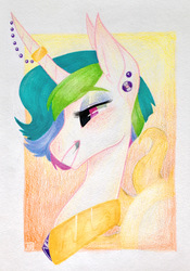 Size: 2427x3477 | Tagged: safe, artist:faygobushjugalo77, edit, princess celestia, alicorn, pony, g4, alternate hairstyle, bust, female, high res, horn, horn ring, jewelry, mare, peytral, piercing, portrait, punklestia, smiling, solo, sun, traditional art, younger