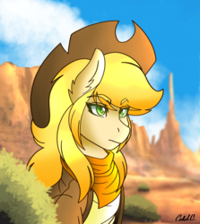 Size: 2136x2393 | Tagged: safe, artist:ciderpunk, oc, oc only, oc:applesunrise, anthro, bandana, clothes, cowboy hat, desert, hat, high res, solo