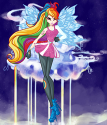 Size: 2567x3000 | Tagged: safe, artist:caboulla, rainbow dash, human, g4, clothes, crossover, dress, female, high res, humanized, rainbow dash always dresses in style, rainbow s.r.l, solo, wings, winx club, winxified