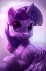 Size: 1890x2922 | Tagged: safe, artist:zilvart, twilight sparkle, alicorn, pony, g4, bust, cheek fluff, crossed hooves, detailed, feather, female, fluffy, lip bite, looking at you, portrait, realistic, solo, twilight sparkle (alicorn)