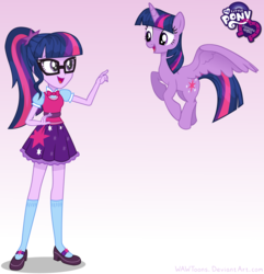 Size: 3751x3889 | Tagged: safe, artist:wawtoons, sci-twi, twilight sparkle, alicorn, pony, equestria girls, bowtie, clothes, glasses, human ponidox, mary janes, my little pony logo, pointing, ponytail, self ponidox, shoes, skirt, socks, twilight sparkle (alicorn), twolight, vector, wings