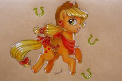 Size: 1280x849 | Tagged: safe, artist:sapraitlond, applejack, earth pony, pony, g4, alternate hairstyle, clothes, dress, female, flower, flower in hair, smiling, solo, traditional art