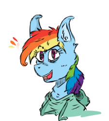 Size: 900x1000 | Tagged: safe, artist:jodi sli, rainbow dash, g4, chest fluff, clothes, female, hoodie, simple background, smiling, solo