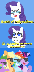 Size: 240x501 | Tagged: safe, artist:threetwotwo32232, applejack, rainbow dash, rarity, spike, twilight sparkle, alicorn, dragon, pony, g4, clapping, comic, crying, dialogue, female, lesbian, lesbian in front of boys, male, parody, poor spike, rarity gets all the mares, ship:raridash, ship:rarijack, ship:rarilight, shipping, shipping denied, sunglasses, twilight sparkle (alicorn)