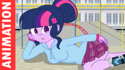 Size: 1295x728 | Tagged: safe, artist:minusclass, sci-twi, twilight sparkle, equestria girls, g4, bracelet, breasts, clothes, crystal prep academy uniform, female, hand on butt, jewelry, looking at you, school uniform, shoes, socks, solo, stairs