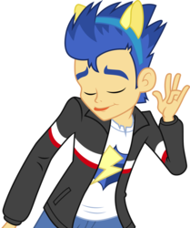 Size: 3001x3586 | Tagged: safe, artist:cloudy glow, flash sentry, equestria girls, g4, clothes, high res, jacket, male, pony ears, shirt, silly, silly human, simple background, solo, tongue out, transparent background, vector, wondercolts