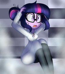 Size: 700x800 | Tagged: dead source, safe, artist:wubcakeva, sci-twi, twilight sparkle, equestria girls, g4, boots, clothes, female, glasses, hair bun, lab coat, shocked, shocked expression, smoke, solo, worried