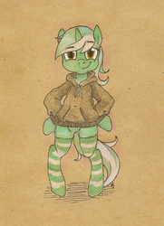 Size: 932x1290 | Tagged: safe, artist:skrapbox, lyra heartstrings, pony, unicorn, g4, bipedal, clothes, female, hoodie, hooves on hips, smiling, socks, solo, standing, striped socks, traditional art