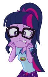 Size: 346x561 | Tagged: safe, edit, edited screencap, screencap, sci-twi, twilight sparkle, equestria girls, g4, my little pony equestria girls: legend of everfree, background removed, camp everfree outfits, clothes, cropped, female, glasses, not a vector, scared, shorts, simple background, solo, transparent background