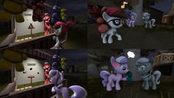 Size: 3820x2160 | Tagged: safe, artist:red4567, big macintosh, diamond tiara, pipsqueak, silver spoon, earth pony, pony, g4, 3d, angry, ball, cans, carnival, carnival game, comic, cross-popping veins, eyepatch, game, happy, high res, male, plushie, prize, source filmmaker, stallion