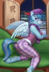Size: 1579x2317 | Tagged: safe, artist:audrarius, oc, oc only, oc:wish, pegasus, anthro, unguligrade anthro, g4, anthro oc, art trade, cap, clothes, couch, female, fluttershy's cottage, freckles, hat, hooves, looking at you, mare, midriff, night, pajamas, plaid, purple eyes, quill, scarf, solo, tail, tail wrap, window, wings, winter