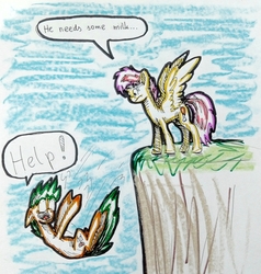 Size: 1809x1903 | Tagged: safe, artist:rysunkowasucharia, oc, oc only, earth pony, pegasus, pony, cliff, duo, falling, female, male, mare, stallion, traditional art