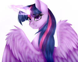 Size: 1000x800 | Tagged: safe, artist:minelvi, artist:montyowl, twilight sparkle, alicorn, pony, g4, collaboration, female, glowing horn, horn, mare, simple background, solo, spread wings, transparent background, twilight sparkle (alicorn), wings