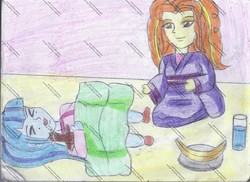 Size: 1551x1130 | Tagged: safe, artist:carlos1976, adagio dazzle, sonata dusk, equestria girls, g4, duo, kneeling, traditional art, watermark