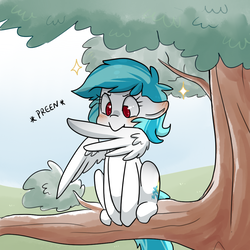 Size: 1000x1000 | Tagged: safe, artist:lucidlarceny, oc, oc only, oc:squeaky clean, pegasus, pony, behaving like a bird, blushing, female, floppy ears, in a tree, mare, partially open wings, preening, sitting in a tree, solo, tree, tree branch, unsound effect, wings