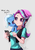 Size: 763x1080 | Tagged: safe, artist:the-park, starlight glimmer, trixie, human, pony, unicorn, g4, beanie, cellphone, clothes, cute, dialogue, diatrixes, duo, female, gray background, hat, humanized, inconvenient trixie, phone, shoulder pony, simple background