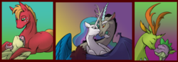 Size: 1024x361 | Tagged: safe, artist:pampoke, big macintosh, discord, fluttershy, princess celestia, spike, thorax, alicorn, changedling, changeling, dragon, earth pony, pegasus, pony, g4, boop, cuddling, eyes closed, gay, king thorax, lidded eyes, looking at each other, looking down, looking up, male, noseboop, nuzzling, on back, prone, ship:dislestia, ship:fluttermac, ship:thoraxspike, shipping, smiling, spread wings, straight, wings