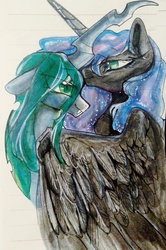 Size: 2212x3326 | Tagged: safe, artist:goldenrainynight, nightmare moon, queen chrysalis, alicorn, changeling, changeling queen, pony, g4, female, forehead kiss, high res, hug, lesbian, ship:chrysmoon, shipping, simple background, traditional art, winghug