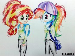 Size: 2048x1536 | Tagged: safe, artist:liaaqila, rainbow dash, sunset shimmer, equestria girls, g4, backpack, bag, simple background, traditional art