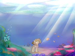 Size: 1024x768 | Tagged: safe, artist:lalieri, oc, oc only, oc:stone, earth pony, fish, pony, coral, coral reef, female, ocean, pun, underwater