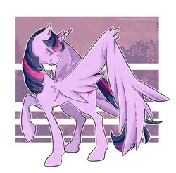 Size: 2709x2652 | Tagged: safe, artist:morrya, twilight sparkle, alicorn, pony, g4, abstract background, female, high res, looking back, mare, raised hoof, smiling, solo, spread wings, twilight sparkle (alicorn)