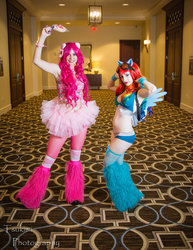 Size: 1024x1325 | Tagged: safe, artist:dollyprincess, pinkie pie, rainbow dash, human, g4, armpits, clothes, cosplay, costume, fishnet stockings, goggles, irl, irl human, leg warmers, photo