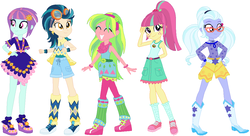 Size: 1086x591 | Tagged: safe, artist:ra1nb0wk1tty, indigo zap, lemon zest, sour sweet, sugarcoat, sunny flare, equestria girls, g4, my little pony equestria girls: legend of everfree, boots, bracelet, camp fashion show outfit, clothes, clothes swap, cowboy boots, cute, eyes closed, freckles, glasses, goggles, hand behind back, hand on hip, headband, high heels, jewelry, leg warmers, shadow five, shoes, shorts, sneakers, socks, wings