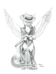 Size: 1100x1456 | Tagged: safe, artist:baron engel, scootaloo, pegasus, anthro, unguligrade anthro, g4, female, grayscale, gun, hat, monochrome, pencil drawing, scooter, signature, simple background, solo, traditional art, weapon, western, white background