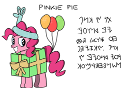 Size: 1200x840 | Tagged: safe, artist:hoofclid, pinkie pie, g4, abjad, balloon, decode the message, decoded in the comments, female, phoenician, present, programming, solo, text, translated in the comments