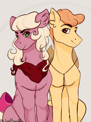 Size: 2448x3264 | Tagged: safe, artist:lxxjunebugxxl, oc, oc only, oc:naval orange, oc:orchard blossom, earth pony, pony, applejack's parents, bow, female, high res, male, mare, not bright mac, simple background, stallion, tail bow
