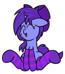 Size: 426x490 | Tagged: safe, artist:seafooddinner, oc, oc only, oc:seafood dinner, pony, unicorn, bow, clothes, cute, eyes closed, floppy ears, fluffy, hair bow, open mouth, simple background, sitting, smiling, socks, solo, striped socks, transparent background