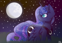 Size: 1024x717 | Tagged: safe, artist:meyha13, princess luna, g4, colored pupils, female, grass, moon, night, smiling, solo, stars