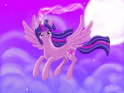 Size: 1024x768 | Tagged: safe, artist:nataliedivine, twilight sparkle, alicorn, pony, g4, female, flying, full moon, magic, moon, signature, solo, twilight sparkle (alicorn)