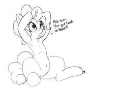 Size: 1280x885 | Tagged: safe, artist:pabbley, pinkie pie, pony, unicorn, g4, 30 minute art challenge, armpits, belly button, cute, diapinkes, female, monochrome, solo, this explains everything, unicorn pinkie pie