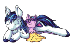 Size: 1739x1103 | Tagged: safe, artist:itresad, princess flurry heart, shining armor, alicorn, pony, unicorn, g4, baby, baby pony, blanket, duo, father and daughter, male, simple background, sleeping, stallion, transparent background