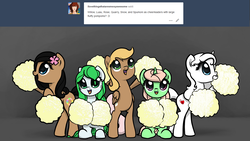 Size: 1911x1080 | Tagged: safe, artist:nimaru, oc, oc only, oc:crystal quarry, oc:luau, oc:rose petal, oc:spumoni, oc:winter willow, earth pony, pegasus, pony, unicorn, ask, bipedal, cheerleader, female, mare, pom pom, tumblr