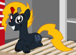Size: 2453x1784 | Tagged: safe, artist:badumsquish, derpibooru exclusive, oc, oc only, battery pony, object pony, original species, pony, battery, car battery, crossed hooves, dirty, female, garage, grease, grin, heterochromia, horn, multiple horns, pallet, ponified, prone, shop, smiling, solo