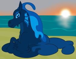 Size: 2587x2003 | Tagged: safe, artist:badumsquish, derpibooru exclusive, oc, oc only, goo pony, hybrid, original species, siren, beach, female, high res, lidded eyes, looking at you, melting, prone, slime, slimeren, smiling, sunset